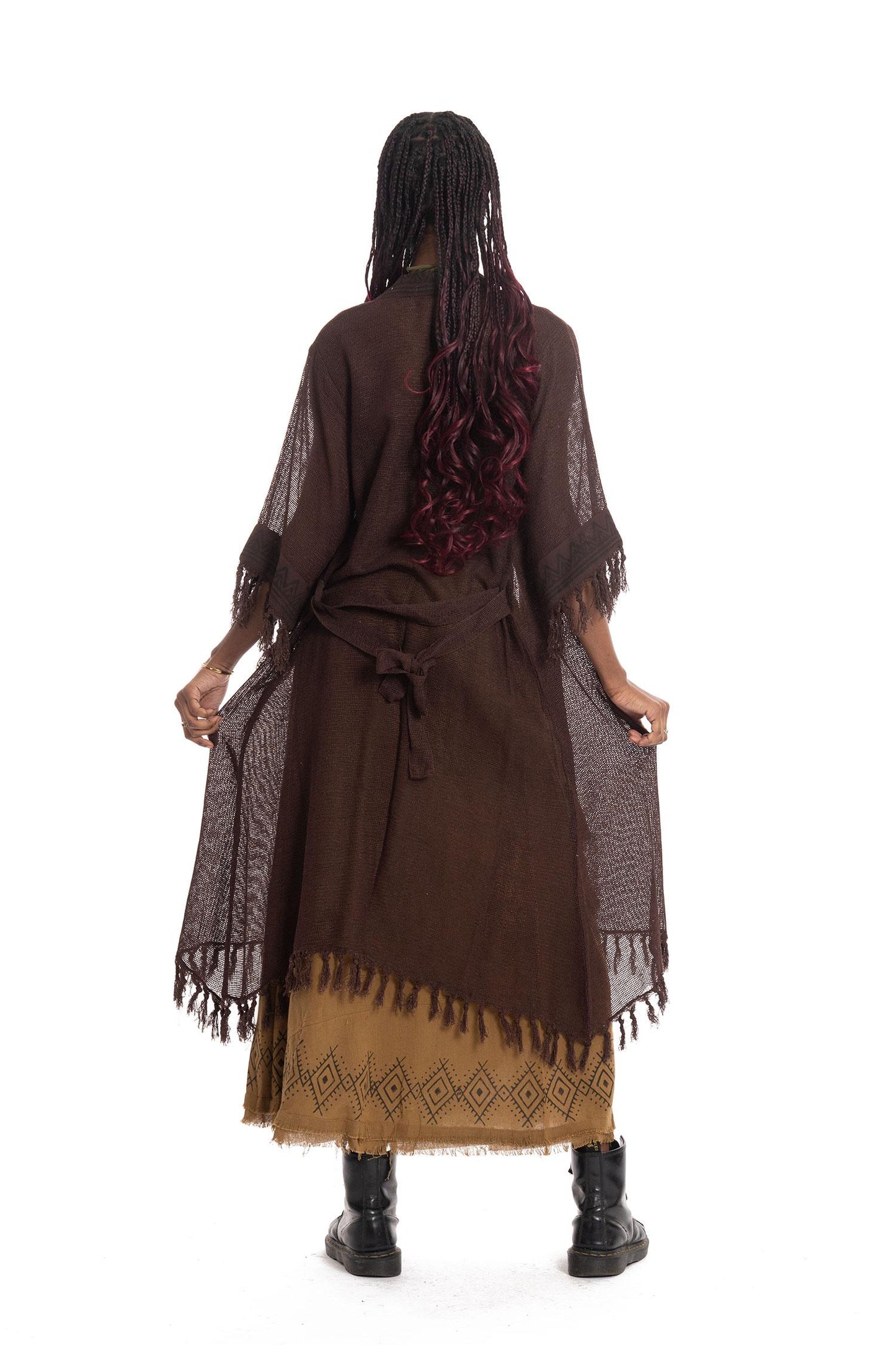 Sheer Hand Block Print Tribal Hippy Beach Kimono in Black for Boho Gothic Woman