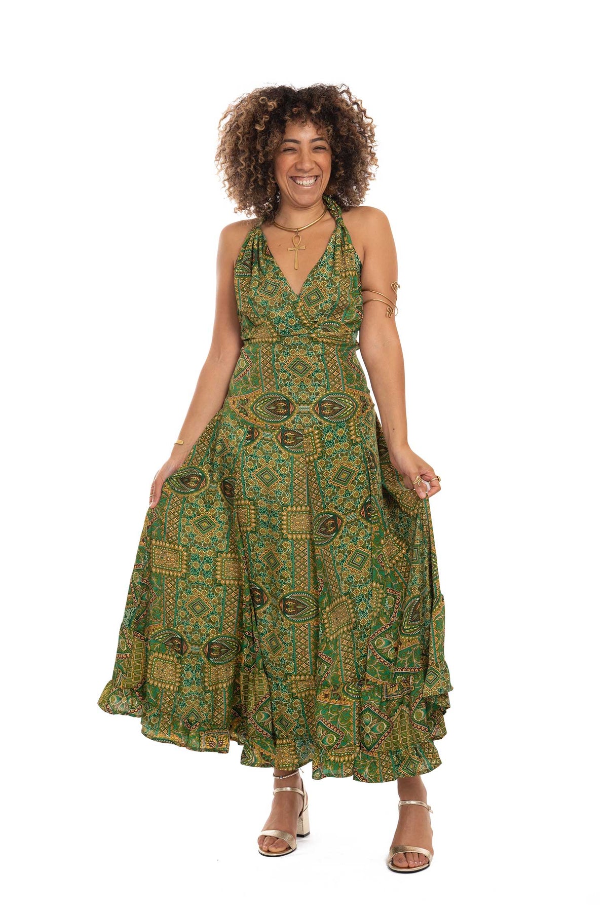 Boho Maxi Summer Dress in Green — available in sizes S-M, M-L, 2XL