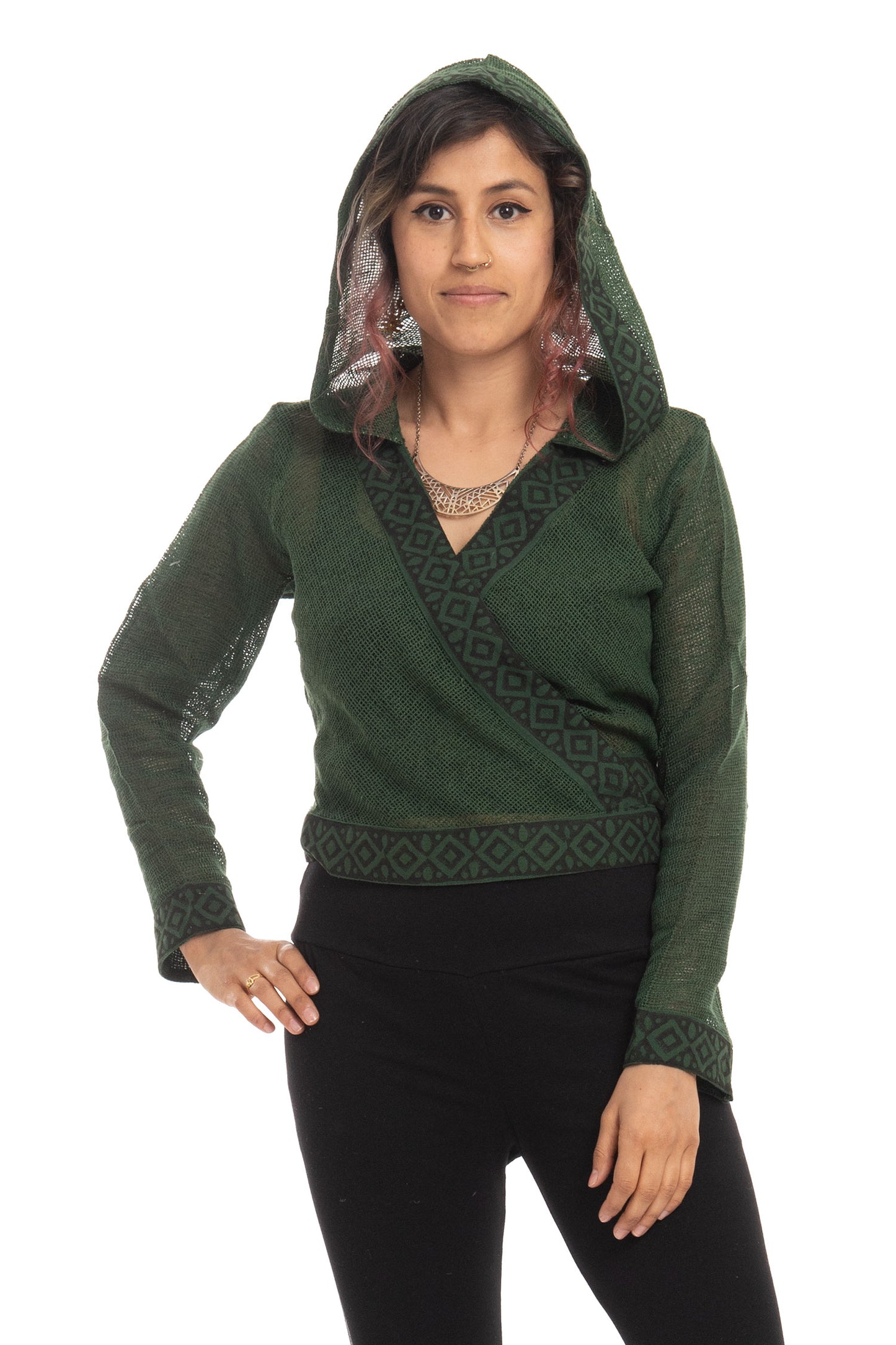 Boho Hand Block Print Wrap Hoodie for Spiritual Woman with Sheer Weave