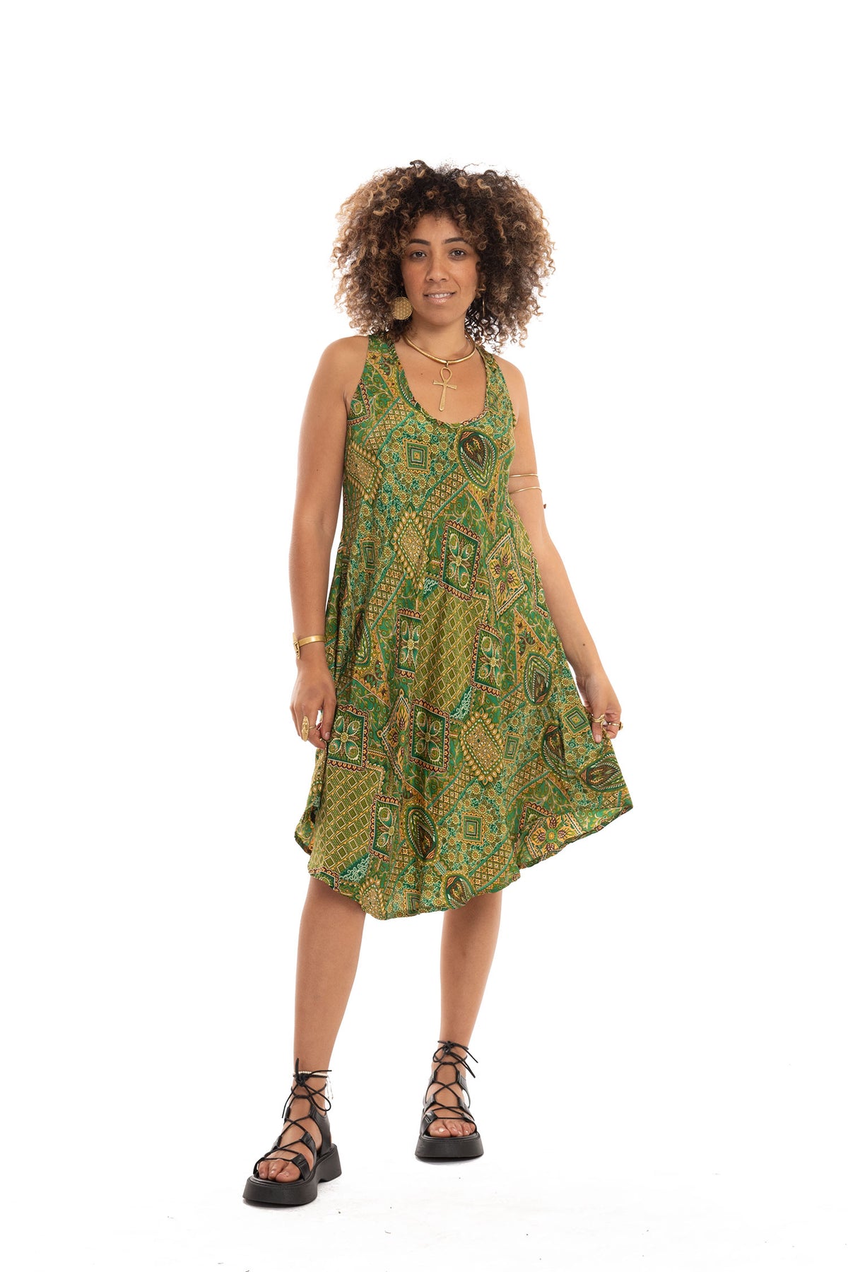 Floaty Sleeveless Summer Boho Hippie Dress for Bohemian Woman in Green — available in sizes S-M, M-L, 2XL