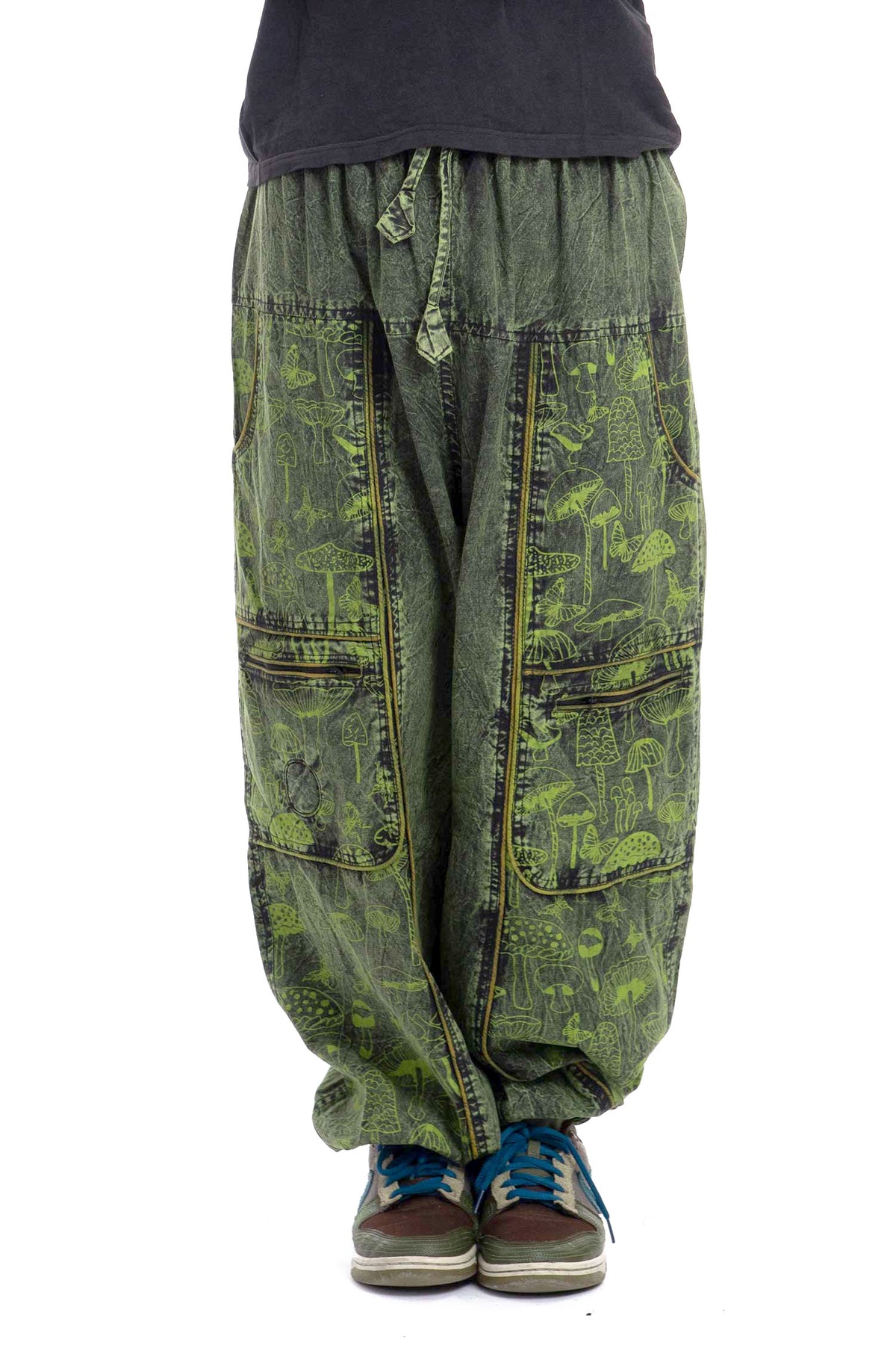Unisex Hippy Mushroom Trousers in Green — available in sizes S-M, L-XL, 2XL