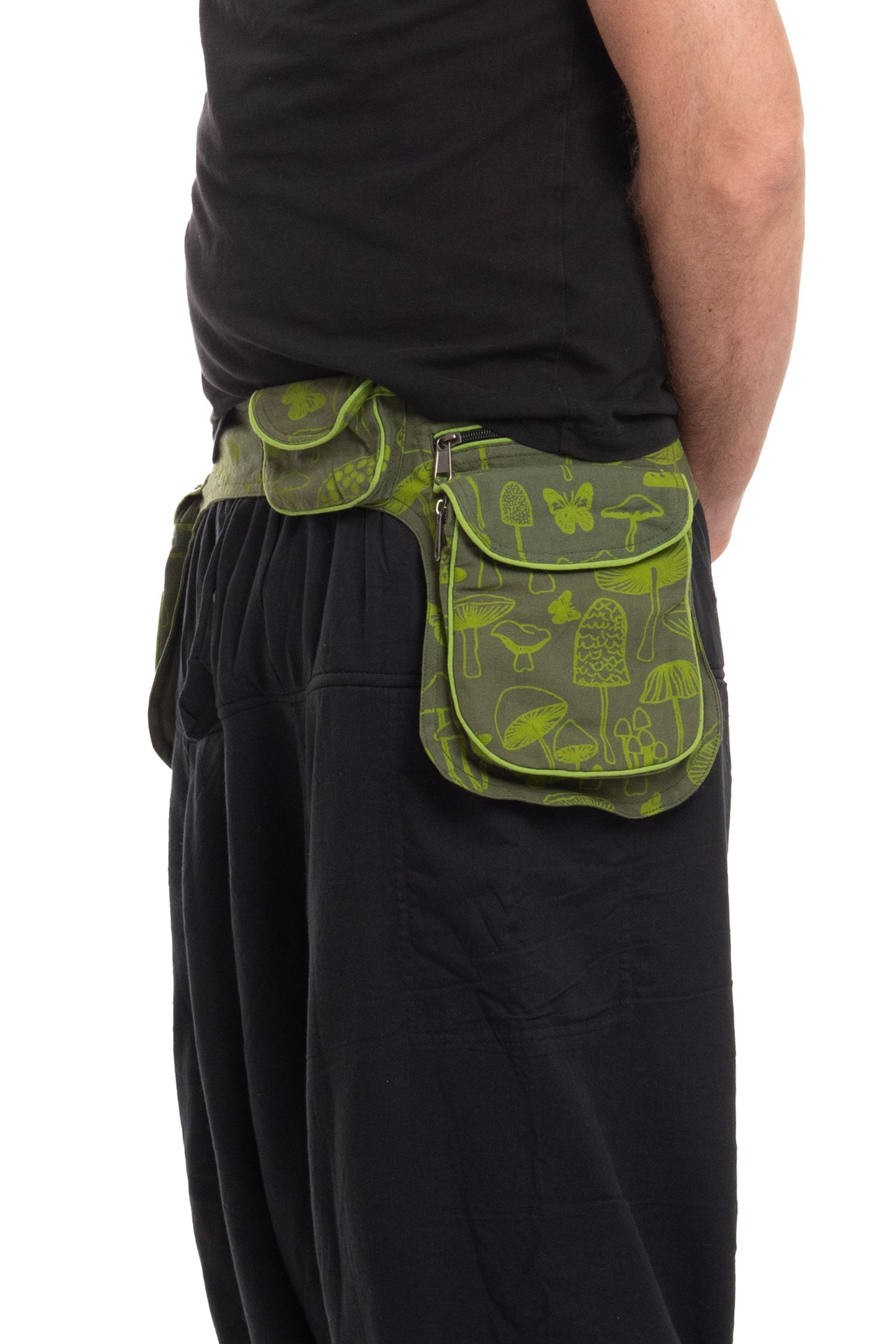Mushroom Print Unisex Pocket Belt, Hippy Festival Clothing, Festival Utility Bag