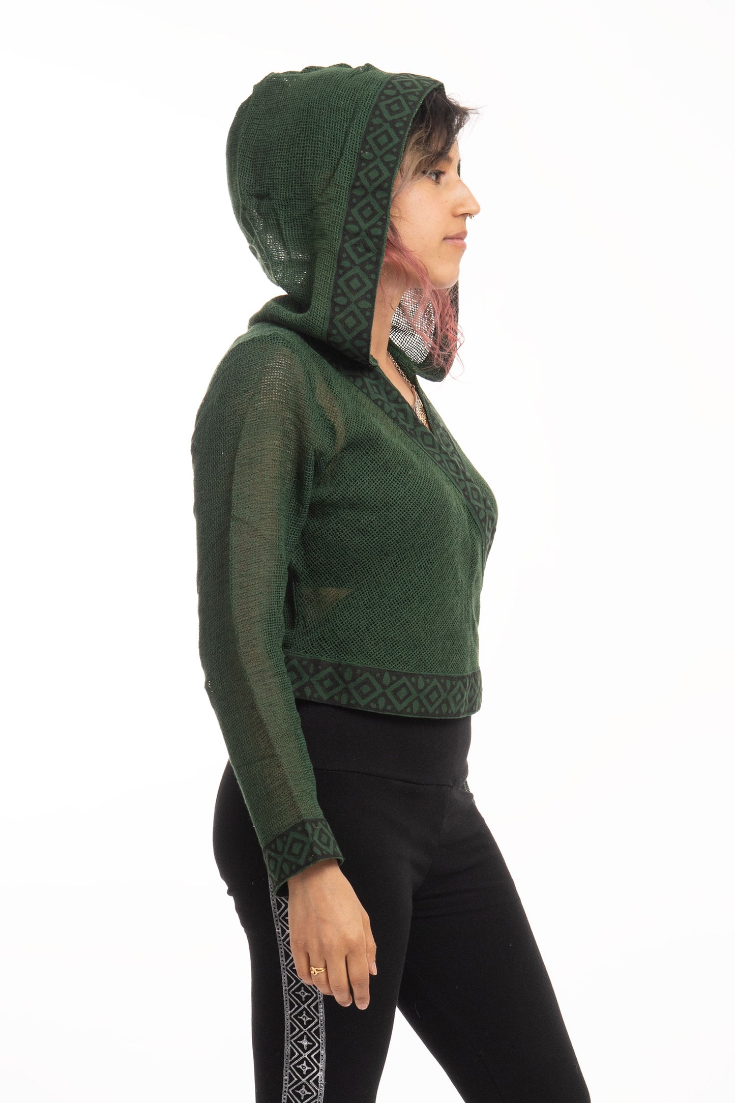 Boho Hand Block Print Wrap Hoodie for Spiritual Woman with Sheer Weave
