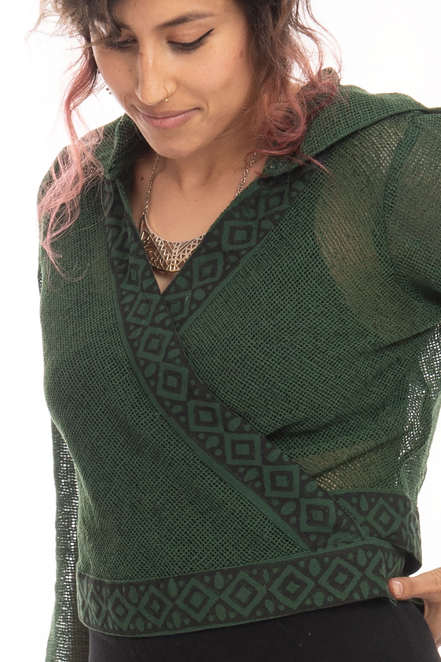 Boho Hand Block Print Wrap Hoodie for Spiritual Woman with Sheer Weave