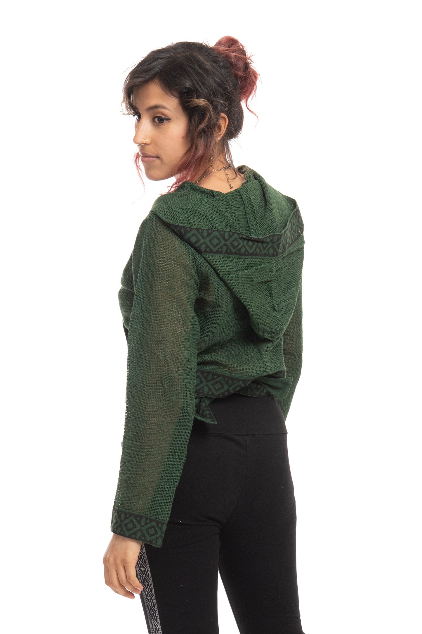 Boho Hand Block Print Wrap Hoodie for Spiritual Woman with Sheer Weave