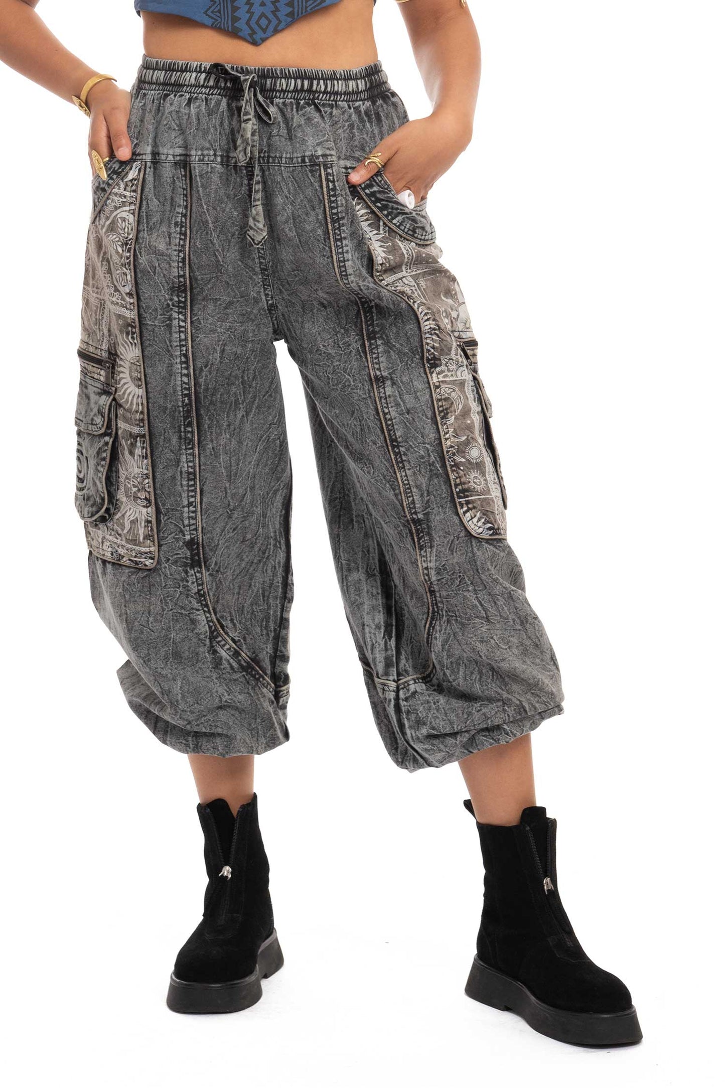Stonewash Sun and Moon Print Trousers