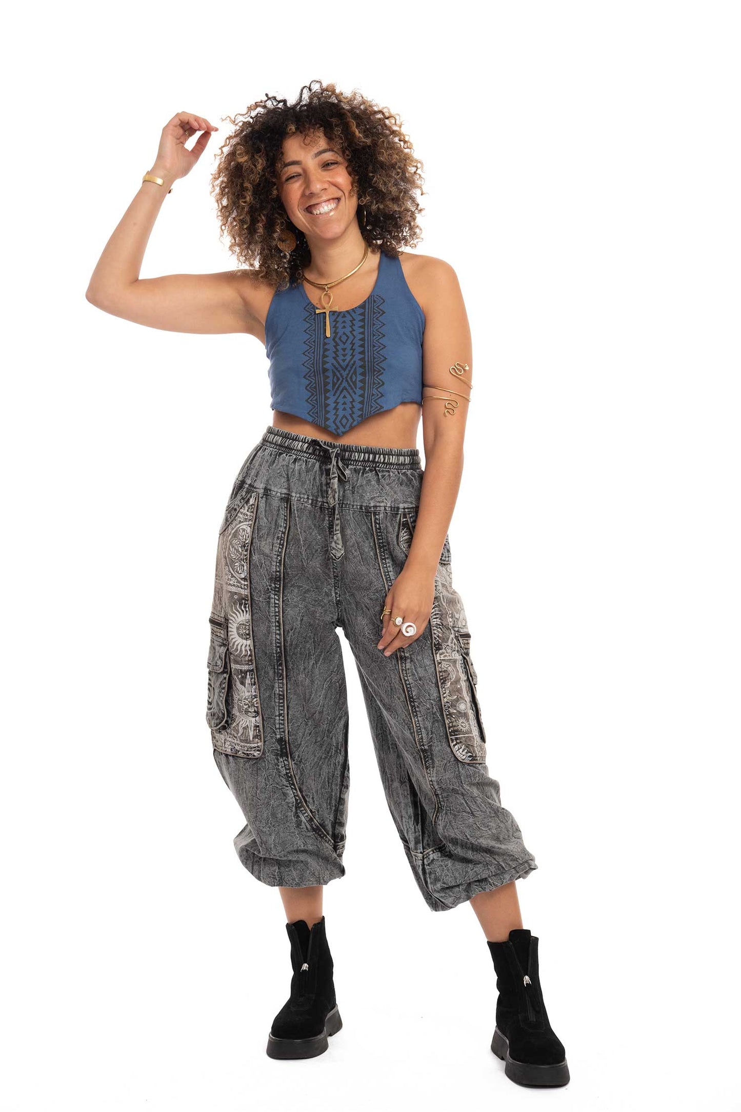Stonewash Sun and Moon Print Trousers