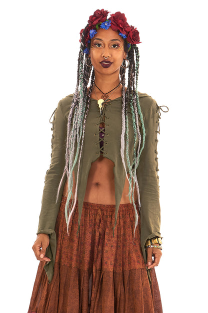 Lace-Up Angel Sleeve Pagan Pixie Crop Top