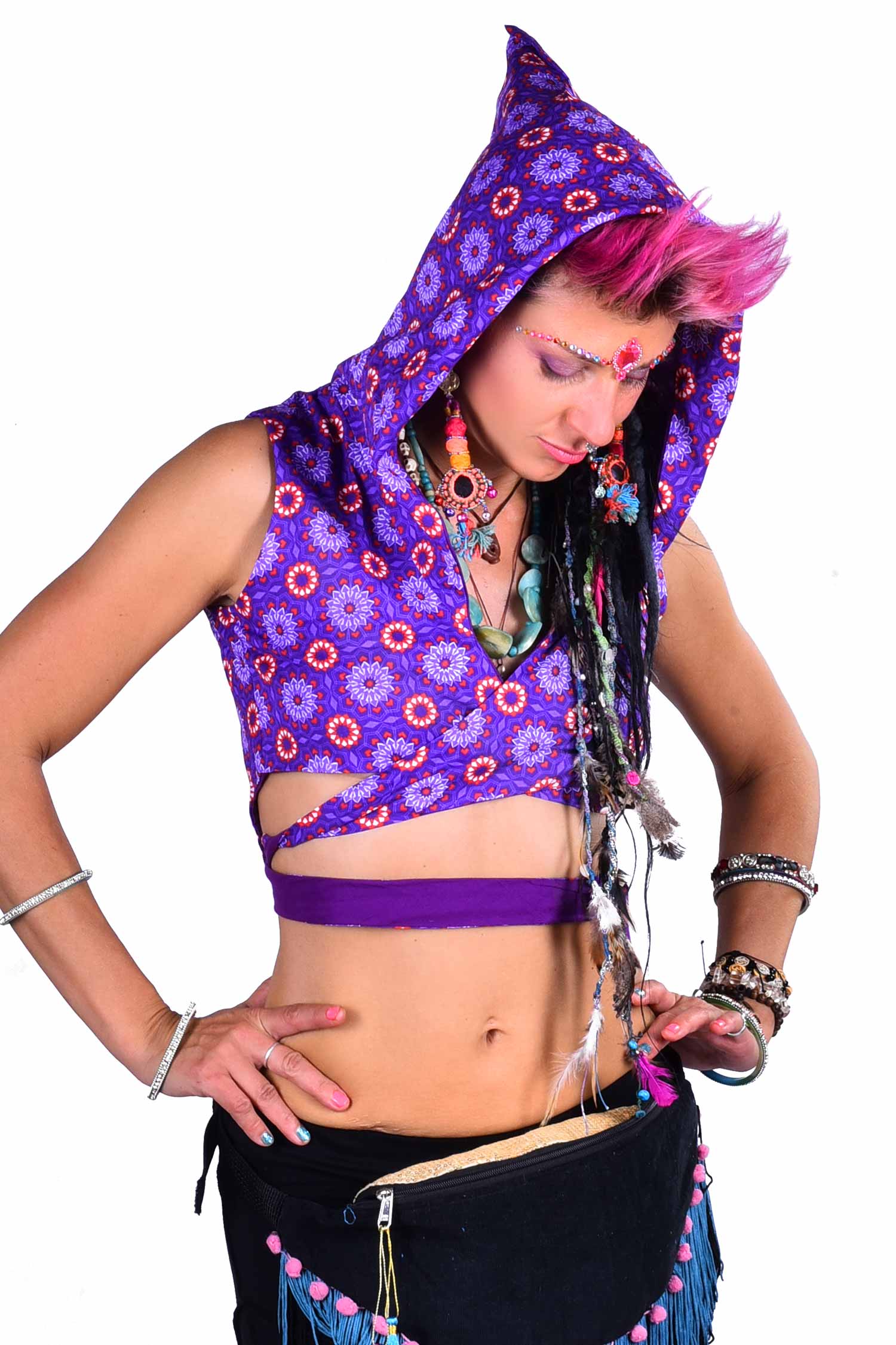 Reversible Hippy Crop Top with Pixie Hood - Opal Top (DBOPAL) by Altshop UK