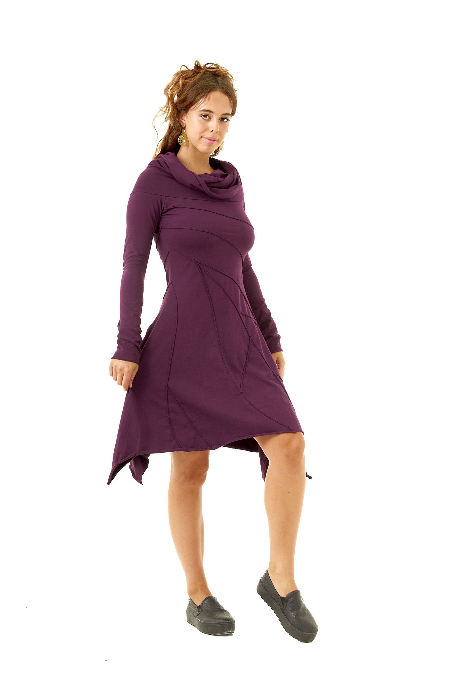 Long Sleeve Winter Leaf Dress With Hooded Cowl Neck