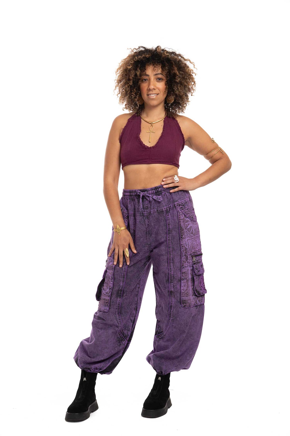 Stonewash Sun and Moon Print Trousers in Purple
