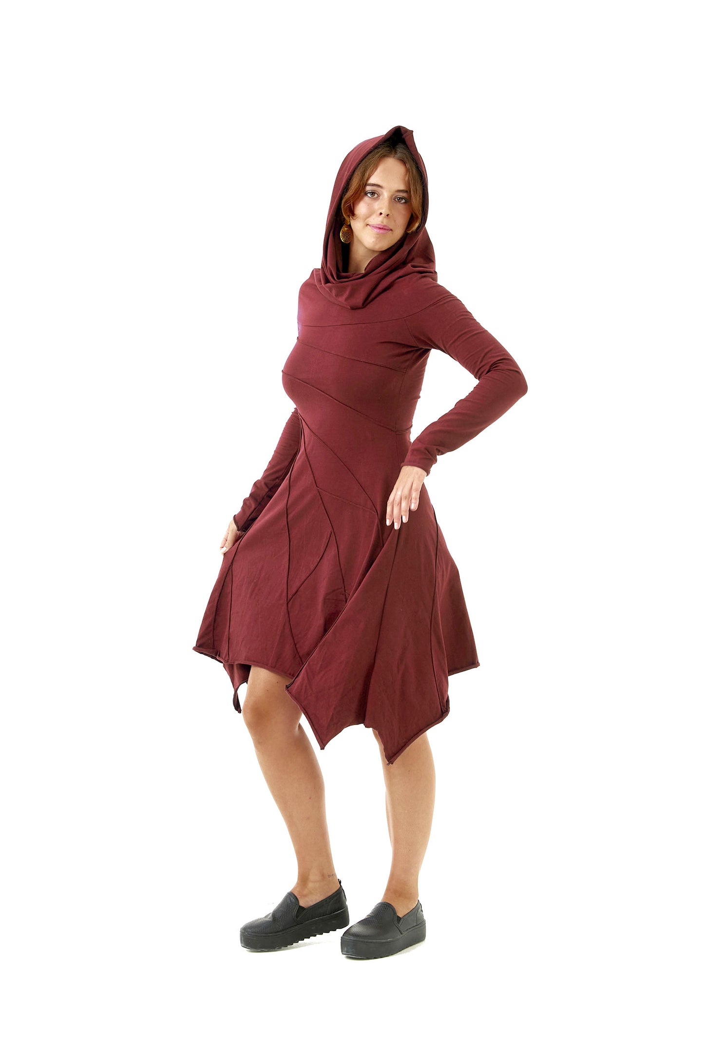 Long Sleeve Winter Leaf Dress With Hooded Cowl Neck