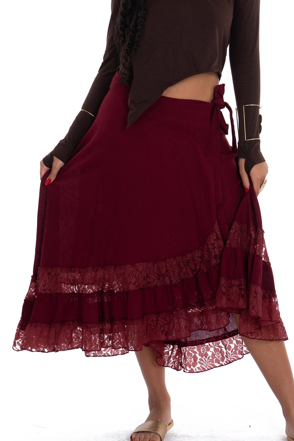Dark Red Cotton Lace Wrap Skirt