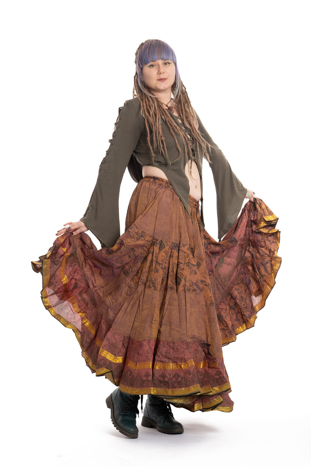 Long Upcycled Belly Dance Ats Skirt in Rust — available in sizes S-L, XL-3XL