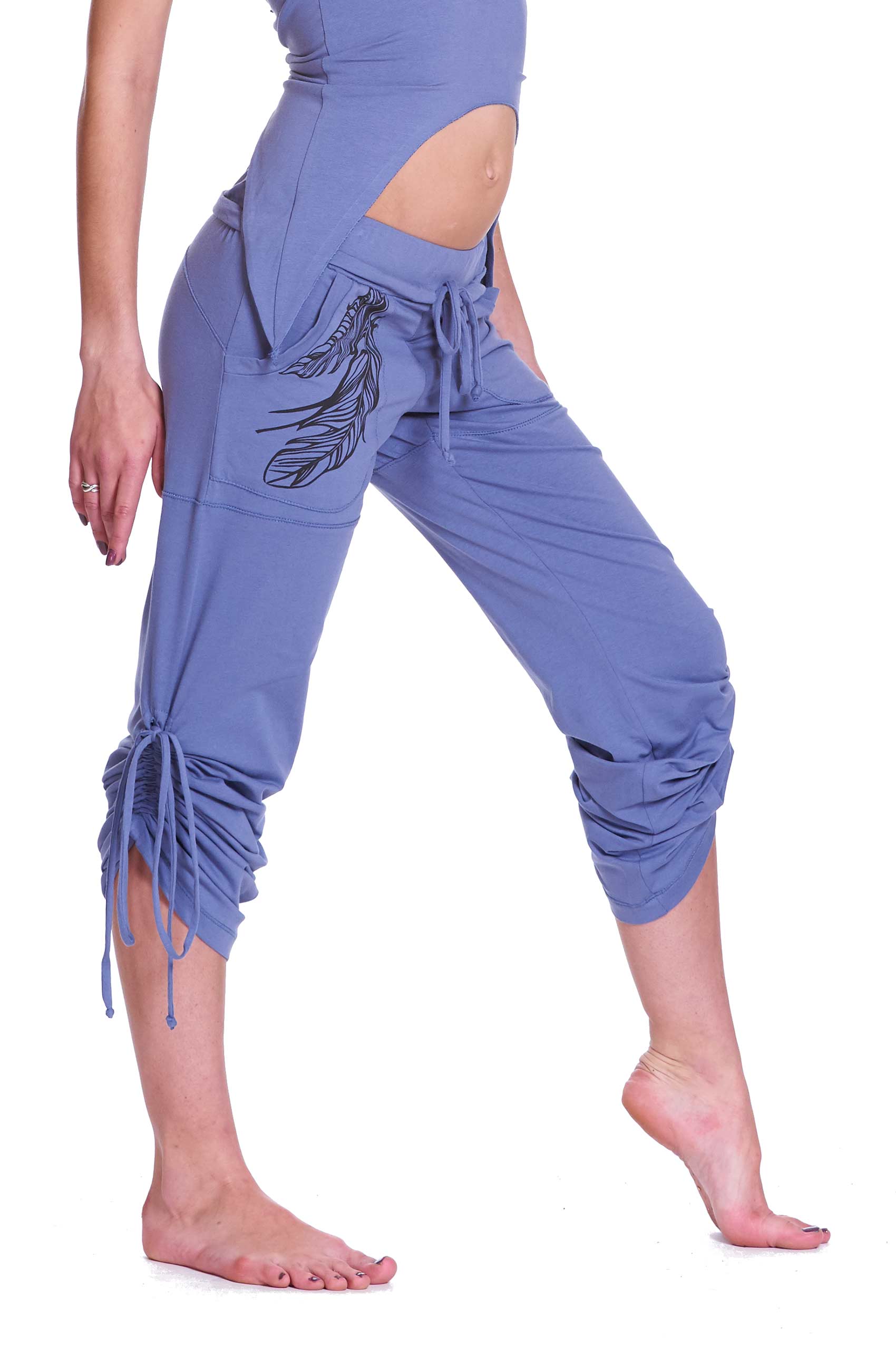 Organic Cotton Yoga Pants, Feather Print Lounge Trousers