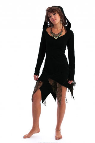 Lace & Cotton Tatty Hooded Pixie Dress - Black