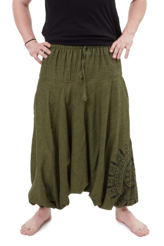 Fleece-lined Hippy Ali Baba Trousers in Green - Mandala Fleece Alis (RGMFAS) by Altshop UK