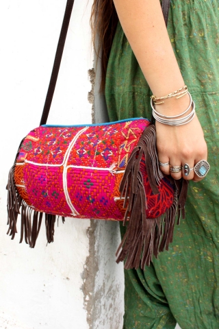 Banjara Hippy Tassles Bag, Unusual Embroidered Hand Bag in Red - Round Bag A (SOHARB) by Living Poetry