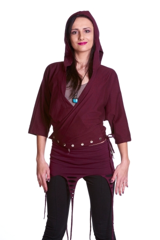 Pixie Hood Batwing Top, Plus Size Psy Trance Clothing XL XXL in Burgundy - Popper Top (UF674) by Anki